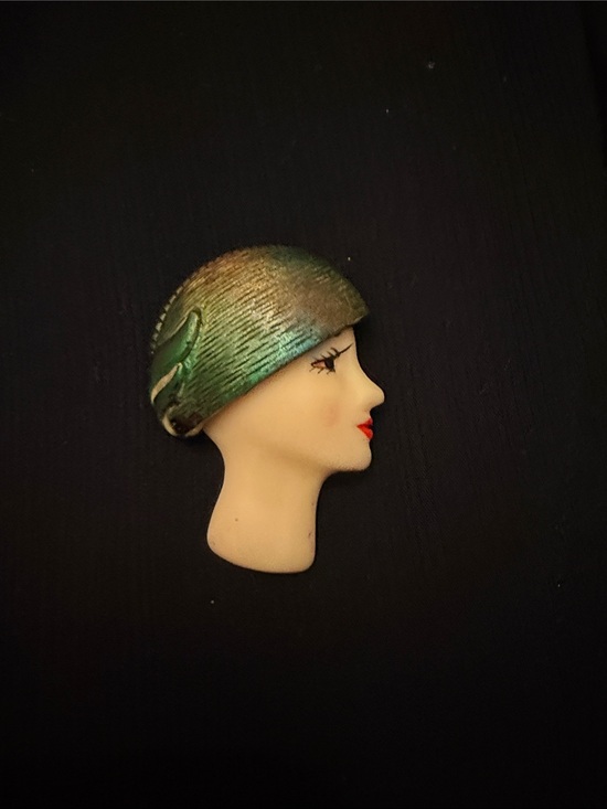 Jewelry - Vintage Flapper Head Brooch with Iridescent Green Hat